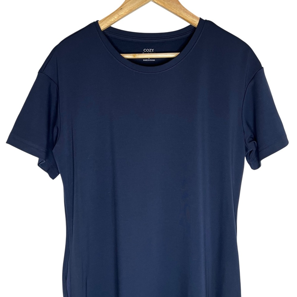 Cozy Earth Brushed Bamboo Short Sleeve Midi Slit Dress in Navy Pockets SZ L - Picture 5 of 13